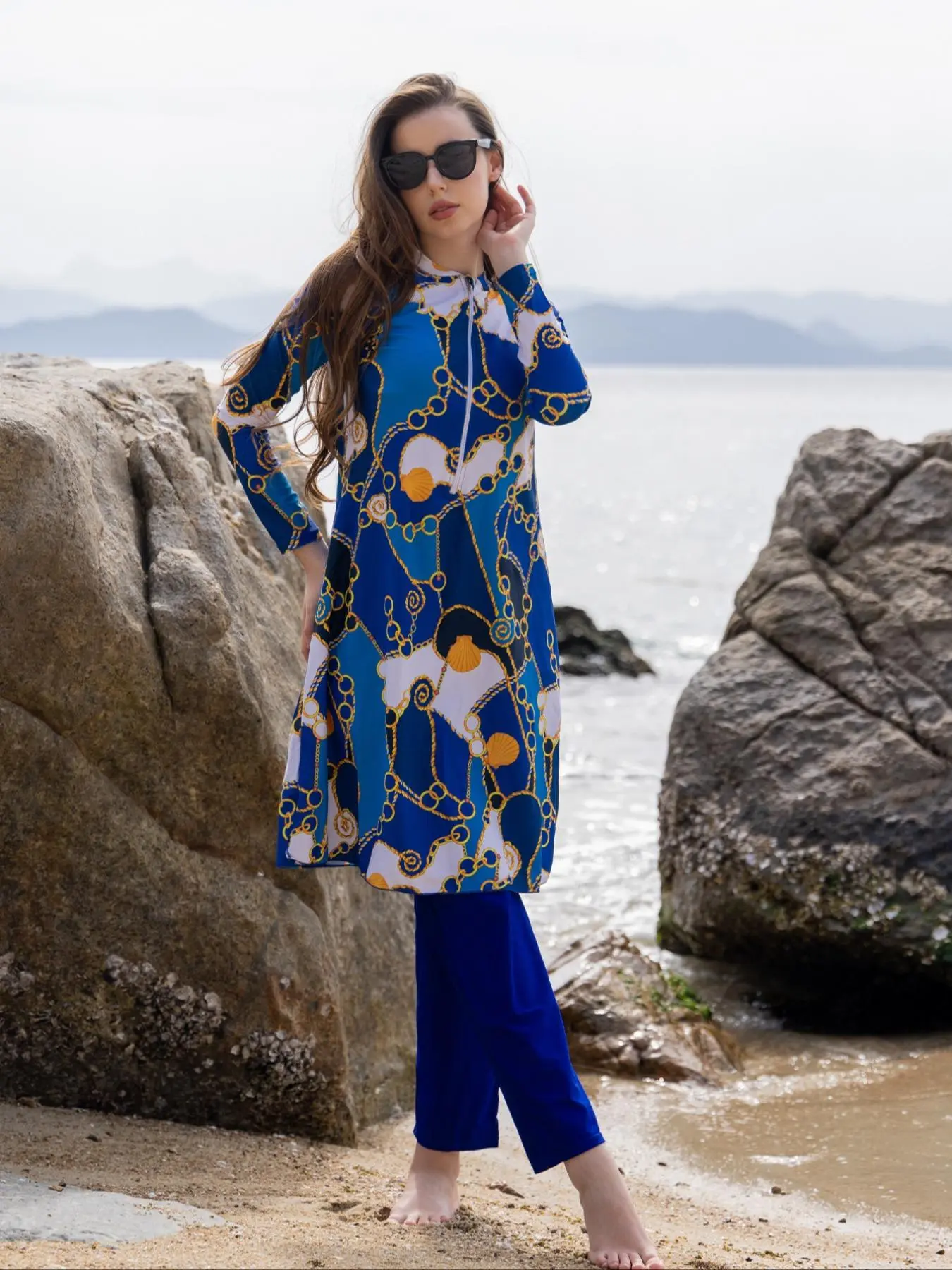 Women's All Over Print Long Sleeve Top & Pants Islamic Swimsuit Set, Two-piece Swimwear Set, Modest Beach Swimsuits, for Beach Holiday Vacation, Ladies Modest Swimming Wear All Seasons Bathing Set