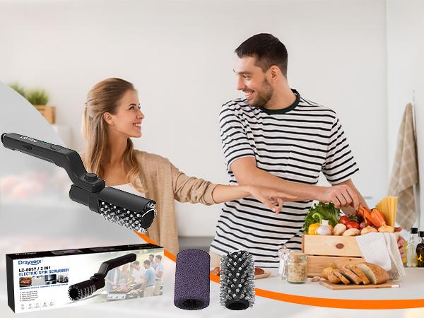 Drayvorx 2-in-1 Cordless Electric Grill Brush & Spin Scrubber - Barbecue Utensils with Stainless Steel Wire & Pad Heads, 3-Speed Motor, High-Torque for Outdoor BBQ Grates & Griddle Grease Cleaning, Cleaning Brush