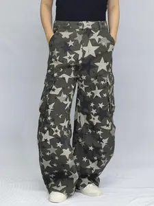 Lux Lee American Army Star Camouflage Design Jeans - High Waist Loose Fit Women's Jeans with Star Camo Design in Light Wash for Everyday Casual Wear