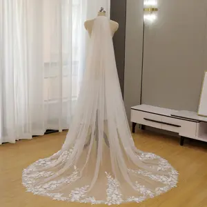 Romantic Rose & Vine Lace Embroidery with 3D Rose Floral Lace Trim Sheer Tulle Bridal Veil