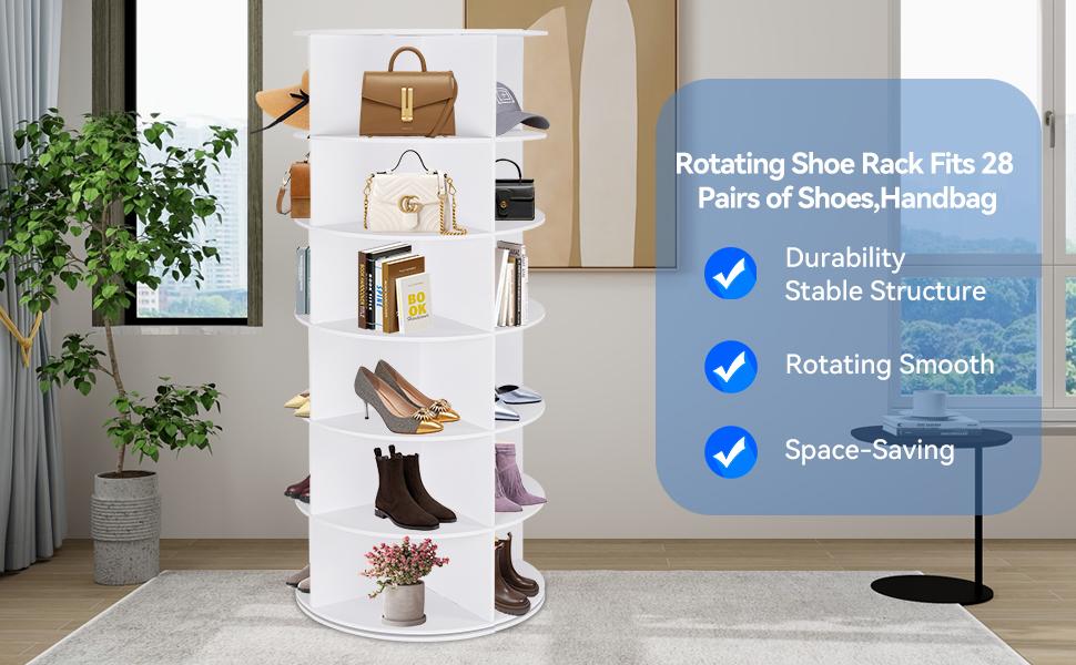 WGCTEK 360° Rotating 7-Tiers Organizer Shoe Rack, Fits 24-28 Pairs of Shoes, Spinning and Revolving Round Shoe Rack, for Entryway Living Room Hallway