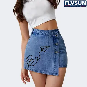 Flvsun- Womens High Waisted Wrap Button Up Denim Skort Casual Solid Summer Asymmetrical Printed Denim Jean Skirt Mini Shorts. Womenswear Bottom Dark Blue Fitted jean shorts sweat shorts baggyjorts