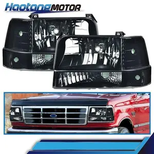 CROSSDESIGN Headlights W/Corner Signal Bumper Lamps Fit For 1992-96 Ford F150/250/350 Bronco
