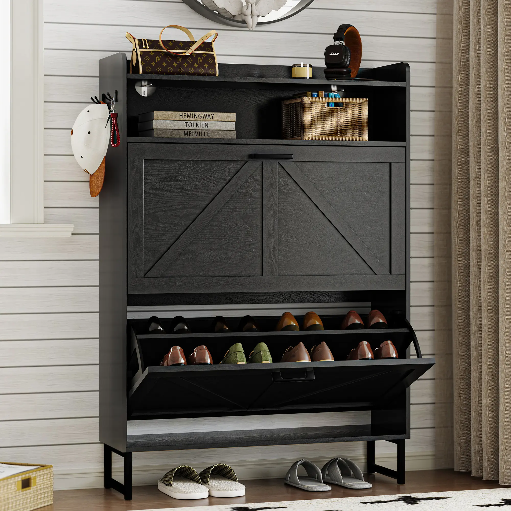 Double drawer ,Freestanding flip shoe cabinet, Slim fit wooden storage cabinet with hidden shelves | Corridor, living room, and bedroom shoe rack,dorm essentials,home decor