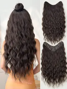 Clip In Hair Extensions V-Shaped Brown Color 24 Inch Long Water Wave Wavy Synthetic Hairpiece Heat Resistant Fiber Synthetic Hairpiece For Women Girls Party Daily Use