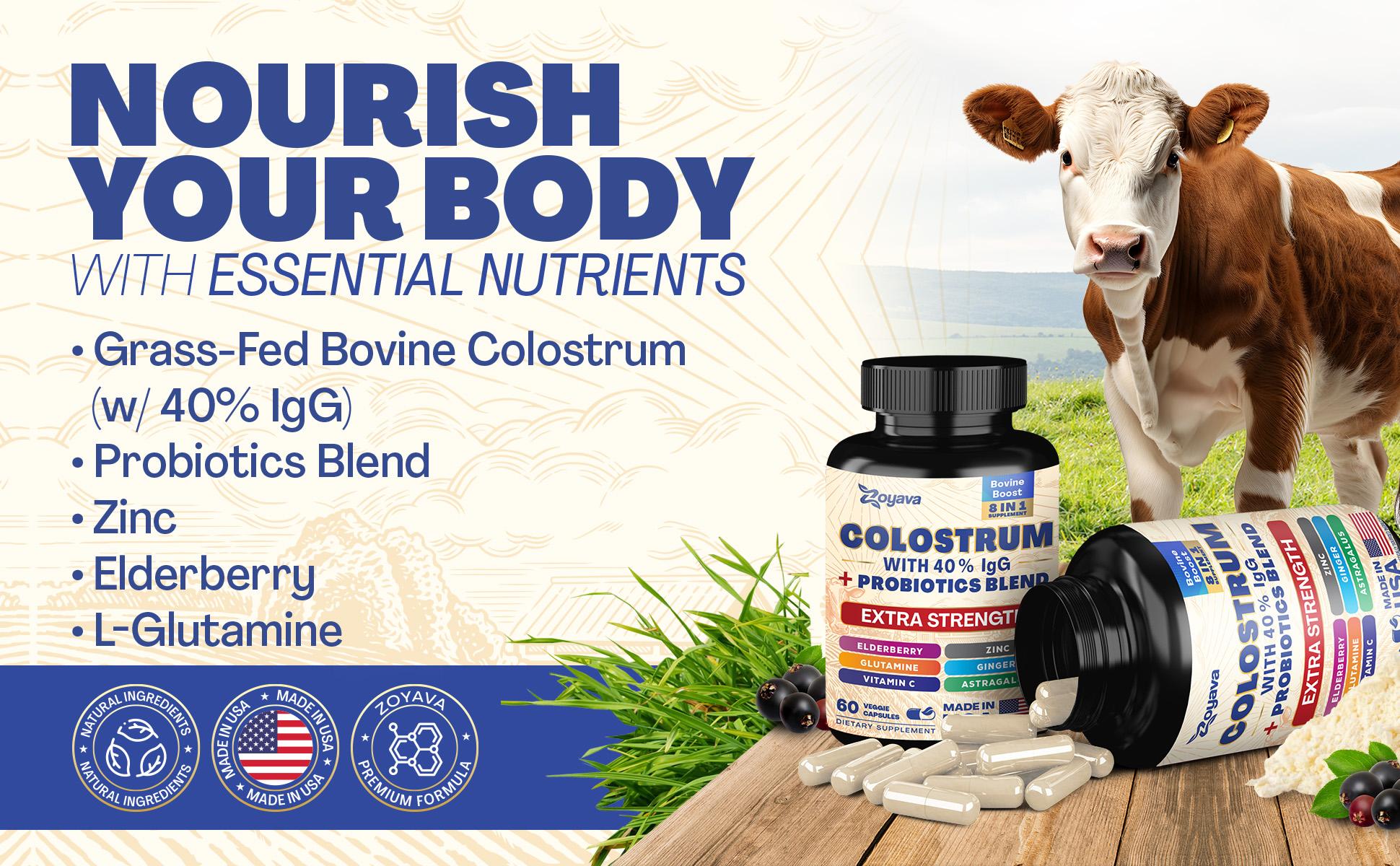 Zoyava Bovine Colostrum Supplement - Grass-Fed Cow Colostrum All-in-1 Capsules with 40% IgG & Probiotics - Highly Potent - Made in USA