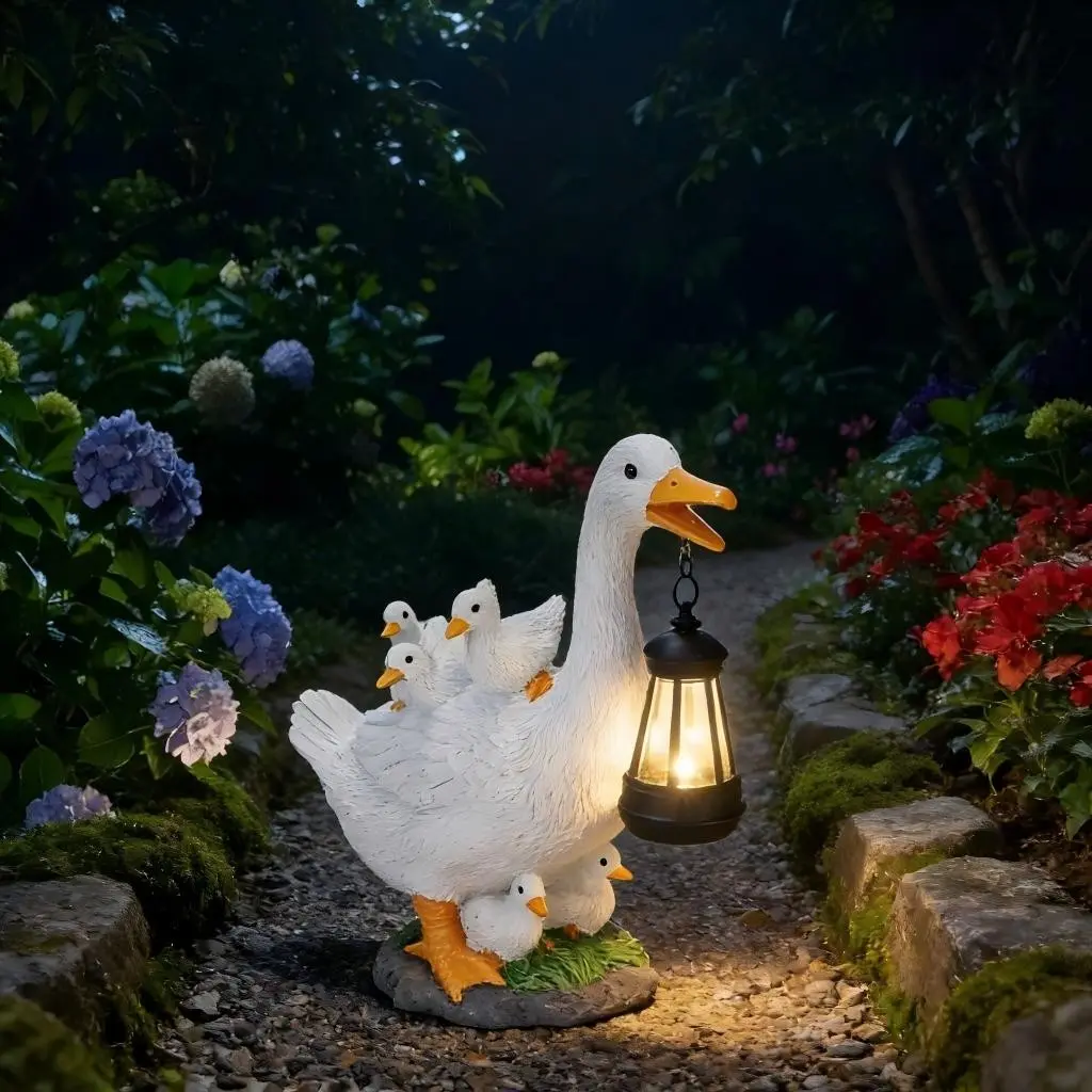 1 PC Solar Goose Statue with Lantern Light, Cute Duck Family Garden Decor, Outdoor Solar Illuminated Lighting for Patio Yard Lawn, Solar Garden Lanterns, Solar Landscape Lights