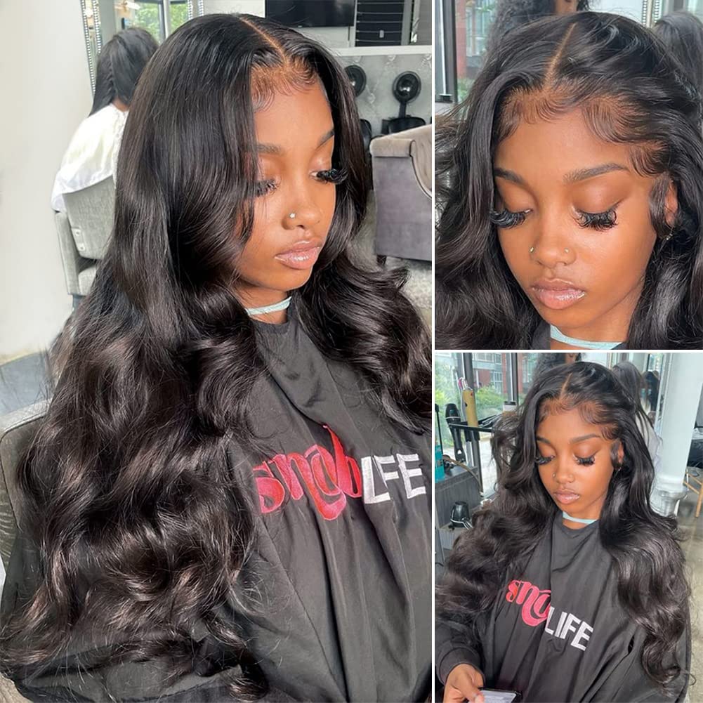 Bling Hair 13x6 Body Wave Transparent Lace Front Wigs Human Hair Pre Plucked 180 Density HD Lace Frontal 13x4 Drawstring Glueless Wigs with Baby Hair for Women 16-36Inch