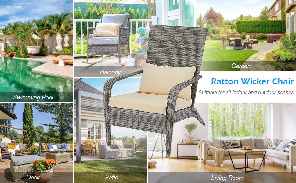 AECOJOY Patio Adirondack Wicker Chair with Cushion and Pillow, High Back Rattan Design, Suitable for Outdoor Use, for Gardens, Backyards, Porches,