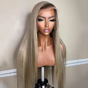 180 Desnity Brown Roots Ash Blonde Human Hair Straight Wig Pre Plucked Transparent 13X4 Lace Fronal Ombre Gray Ash  Remy Hair Wig for Women