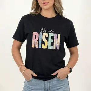 Faux Patchwork He Is Risen T-Shirt, Retro Quilted Christian Easter Graphic Tee, Faith Based Spring Religious Shirt for Women