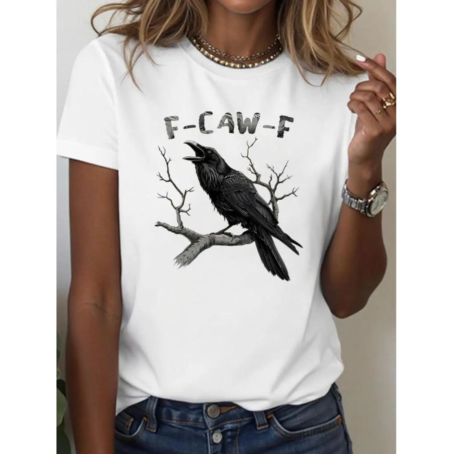Stylish Women’s Raven Feather Print Tee for Casual Comfort and Versatile Seasonal Wear Top Womenswear