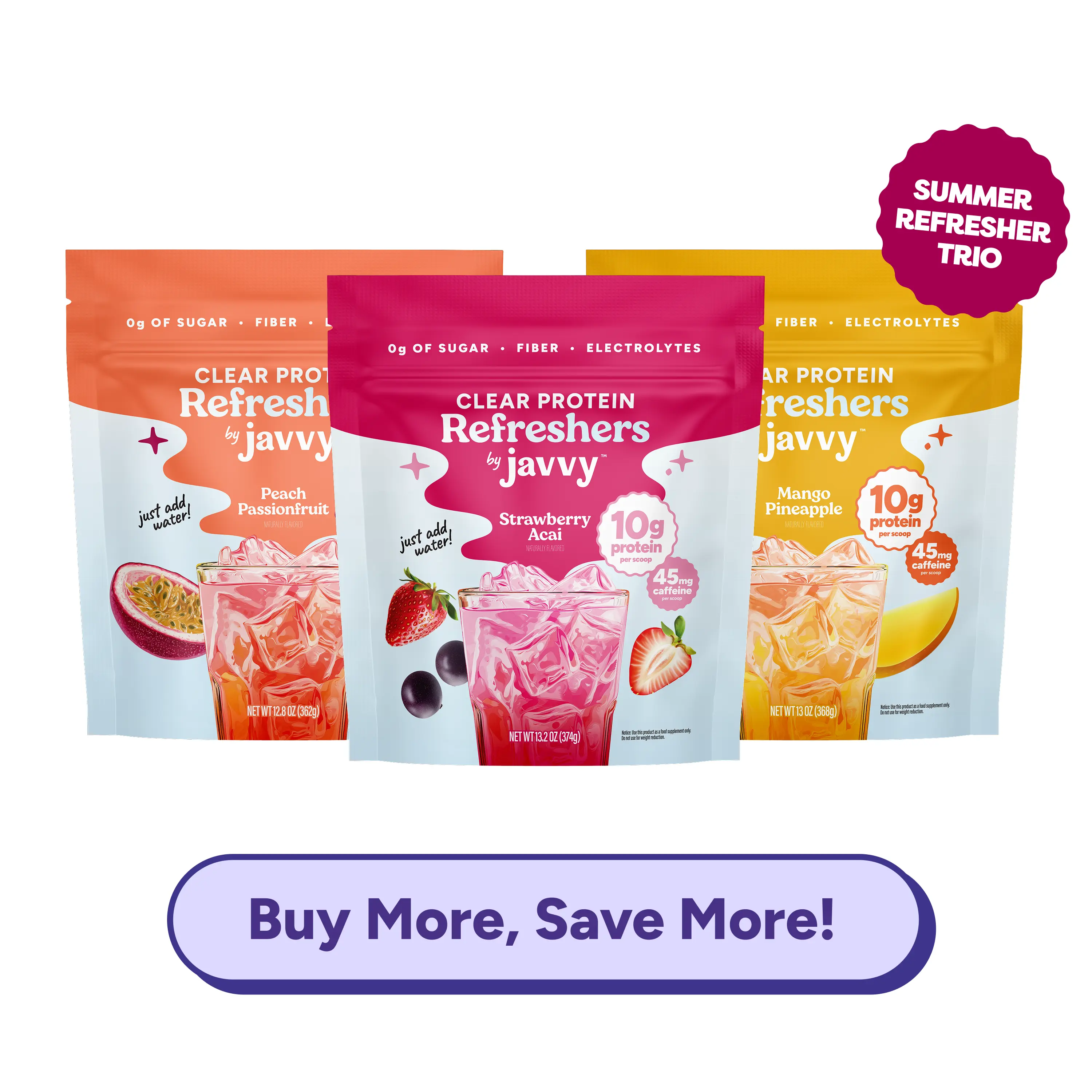 Javvy Summer Refresher Trio TikTok Exclusive Bundle - Strawberry Acai, Mango Pineapple & Peach Passionfruit Clear Protein Refreshers - 10g Protein, 45mg Caffeine, 0g Sugar, Fiber & Electrolytes, Naturally Flavored, Just Add Water