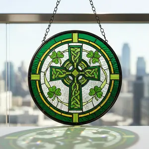 V2-St. Patrick's Day Celtic Cross Stained Glass Suncatcher, Cross Window Hanging, Irish Decor, Patrick Day Decor, Irish Gift Irish Shamrock Gift, Gift for Friend