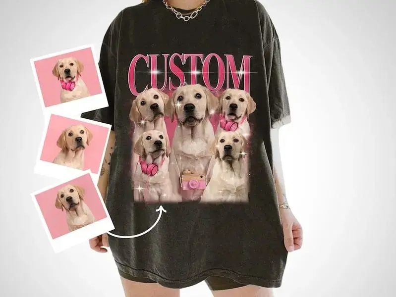 Custom Your Pet T-Shirt, Personalized Pet T-Shirt, Vintage Custom Dog Shirt, Custom Photo Shirt, Pet Photo Shirt, Ideal for Pet Lovers, Custom Pet Dog Bootleg T-Shirt, Personalized Dog Portrait Retro Pink Glitter Graphic Unisex Tee