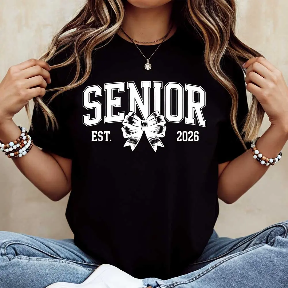 Senior Est 2026 With Bow Print Tshirt Crew Neck Casual Tee For Graduation Party