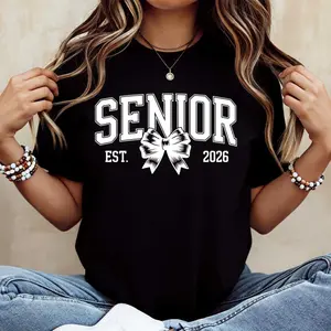 Senior Est 2026 With Bow Print Tshirt Crew Neck Casual Tee For Graduation Party