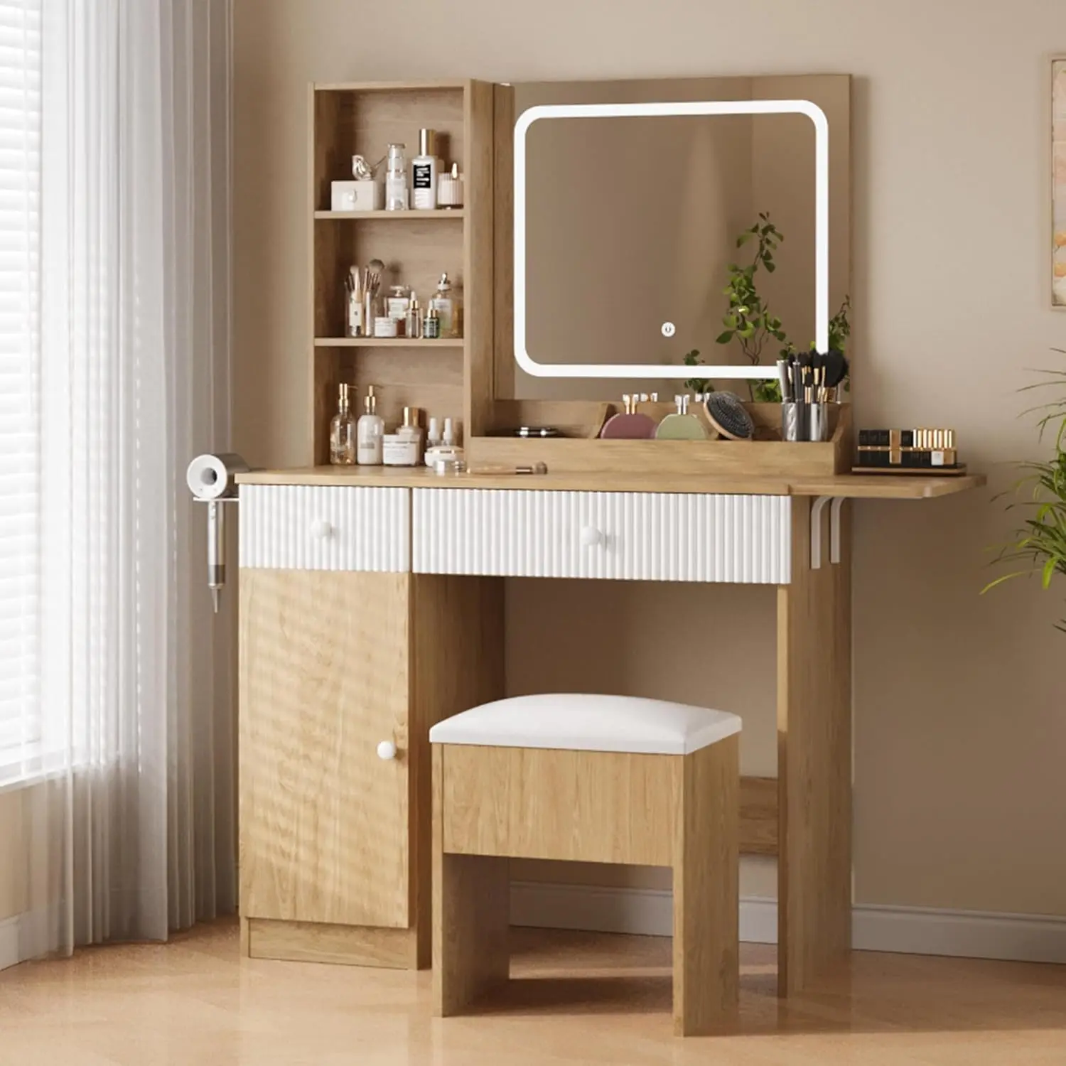 Nature Oak Vanity Sets Desk - Blush Pink Makeup Desk for Daughters with Mirror, LED Lighting (Warm White), 1 USB-C Power Outlet Charging Station, Foldable Panel, Storage Chair, Drawers, Shelves, 3 Compartments, Compact Bedroom Indoor Furniture