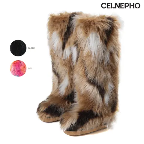 CELNEPHO Faux Fur Boots for Women Knee High Boot Round Toe Flat Heel Fluffy Furry Comfy Plush Warm Cozy Easy Pull on Party Gift Outdoor Casual Everyday Wear Holiday Travelling Multicolor Fashion Snow Trendy Dressy Shoes