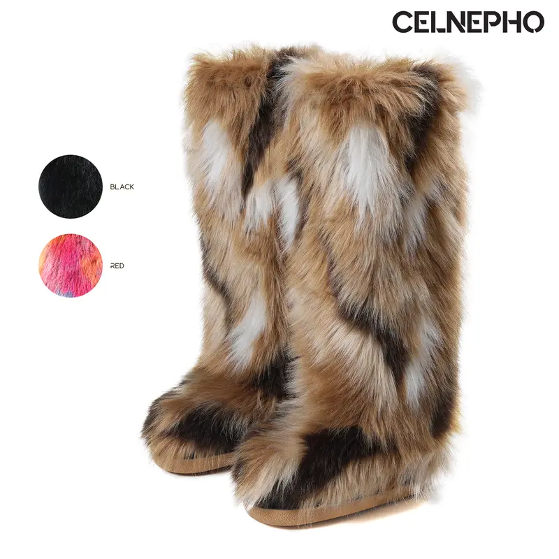 CELNEPHO Faux Fur Boots for Women Knee High Boot Round Toe Flat Heel Fluffy Furry Comfy Plush Warm Cozy Easy Pull on Party Gift Outdoor Casual Everyday Wear Holiday Travelling Multicolor Fashion Snow Trendy Dressy Shoes