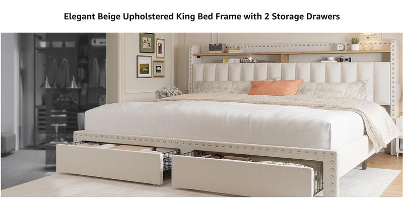 RaybeeFurniture Bed frame for Queen Bed Frame with Headboard&Storage,NO MATTRESS,  Luxury Upholstered Bed Frame with Storage, 2 Drawers & Shelf on Headboard, NO Noise, KING, FULL, Twin, Mother's Day Gifts