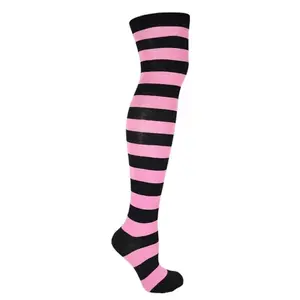 Striped Patterned Socks (Thigh High) Pink and Black Thighhighs Womenswear