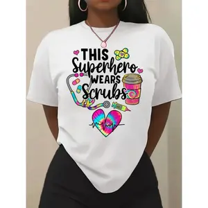 Women's Fun Nurse-Themed T-Shirts and Hoodies — “This Superhero Wears Scrubs” Elevated Print Hoodie with Stethoscope and Heart Motifs, Available in Short-Sleeve and Hooded Styles