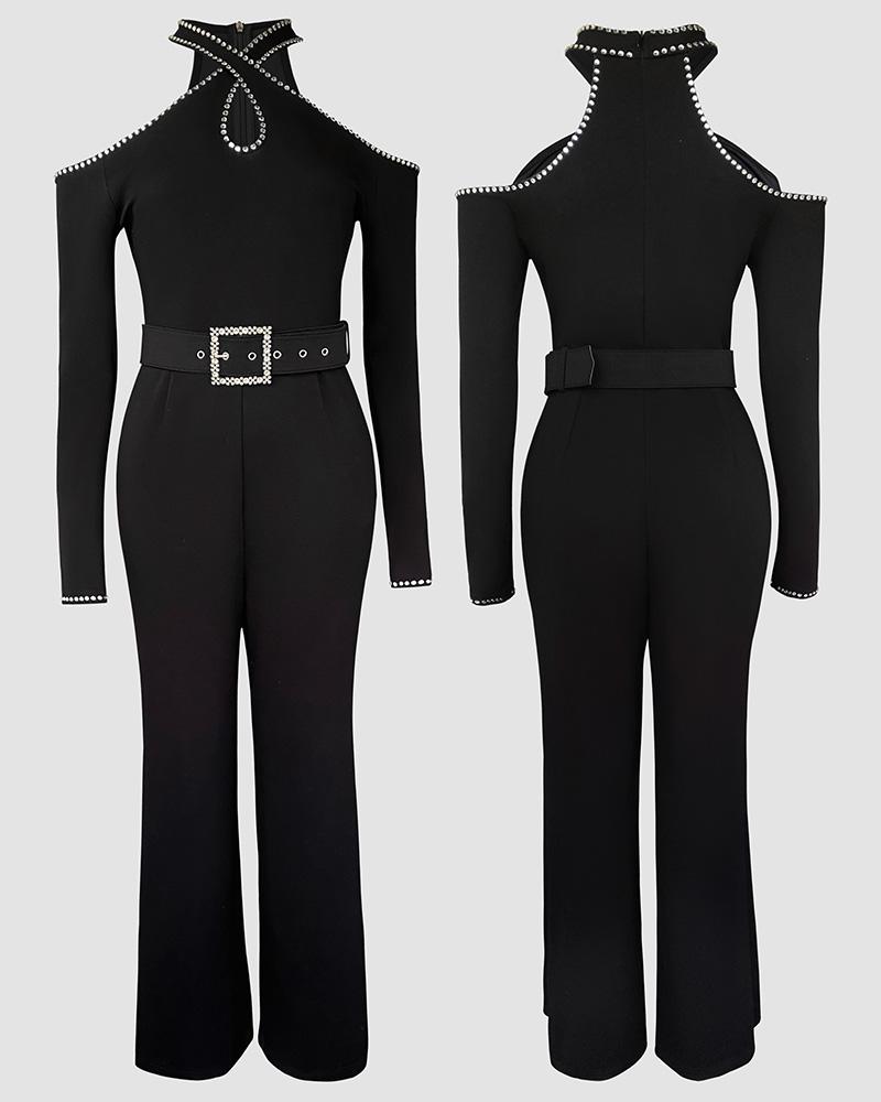 ChicMe Rhinestone Decor Formal Jumpsuit Cold Shoulder Long Sleeve Romper with Belt Zipper Back Wedding Guest Cocktail Party Outfit ChicMe Rhinestone Decor Formal Jumpsuit Cold Shoulder Long Sleeve Romper with Belt Zipper Back Wedding Guest Cocktail Party Outfit