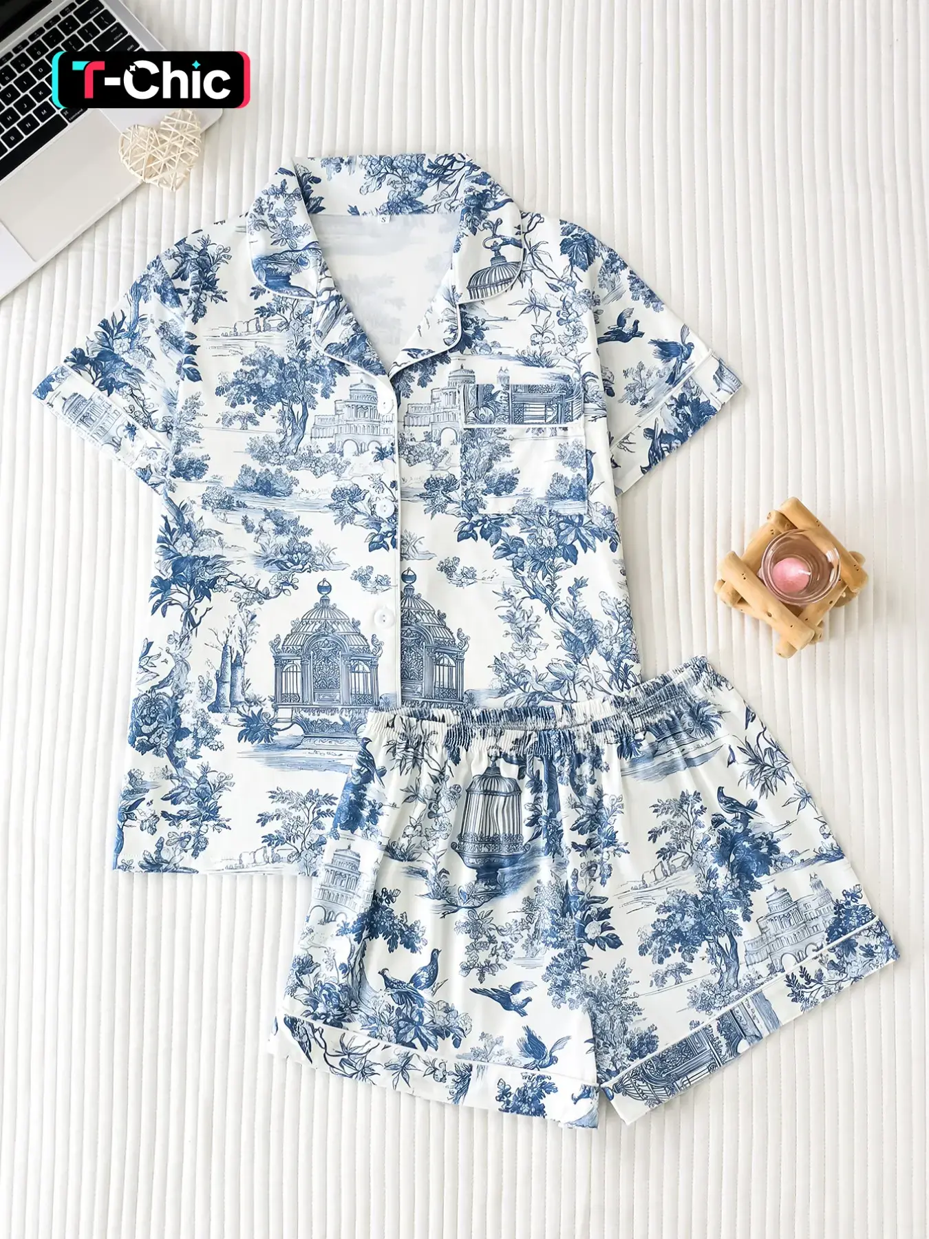 Two-Piece French Landscape Print Women's Pajama Set, High-Quality Silk Fabric, Smooth and Comfortable, Loose Fit Casual Button Pajamas Loungewear Home Wear Shorts Nightwear Pjs Pj Shorts, Matching Nightwear Set