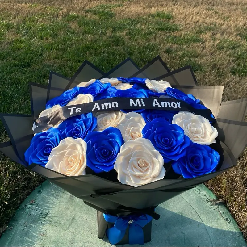 Personalized Liston Design Blue-Beige Silicone Artificial Flower Bouquet - Thoughtful Gift for Father's Day, Christmas Valentine Display, Black Friday Home Decor Boxed Item