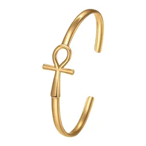 OIDEA Women’s Ankh Cross Bracelet - Adjustable Open Gold-Plated Stainless Steel Cuff Bangle, Egyptian Key of Life & Protection Spiritual Symbol Costume Jewelry