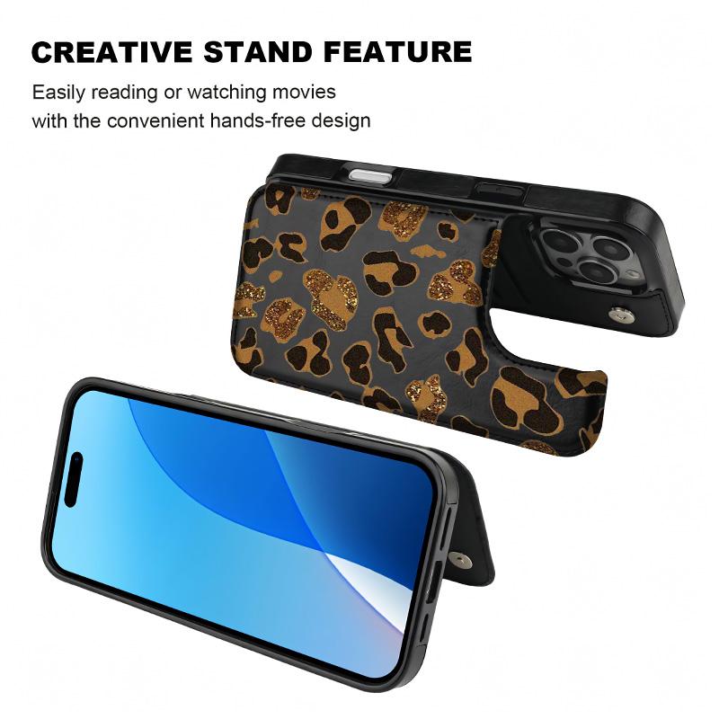 Stylish Leopard print Pattern Phone Cases Compatible For With iphone 17 16 15 14 13 12 PRO PLUS MAX AIR PU Black Brown Pink Durable Flip High quality Leather Credit Card Bag Holder Mother Gift Wallet Shockproof Anti-Drop Full Protection Shell Cover