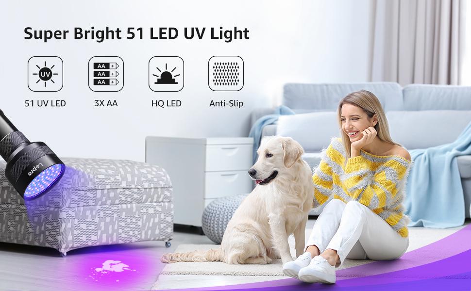 Lepro 51 LEDs UV Light Handheld Blacklight, UV Flashlight Black Light, 395nm Detector for Pet Urine, Stains, Bed Bug and Scorpions, Battery Not Included -1