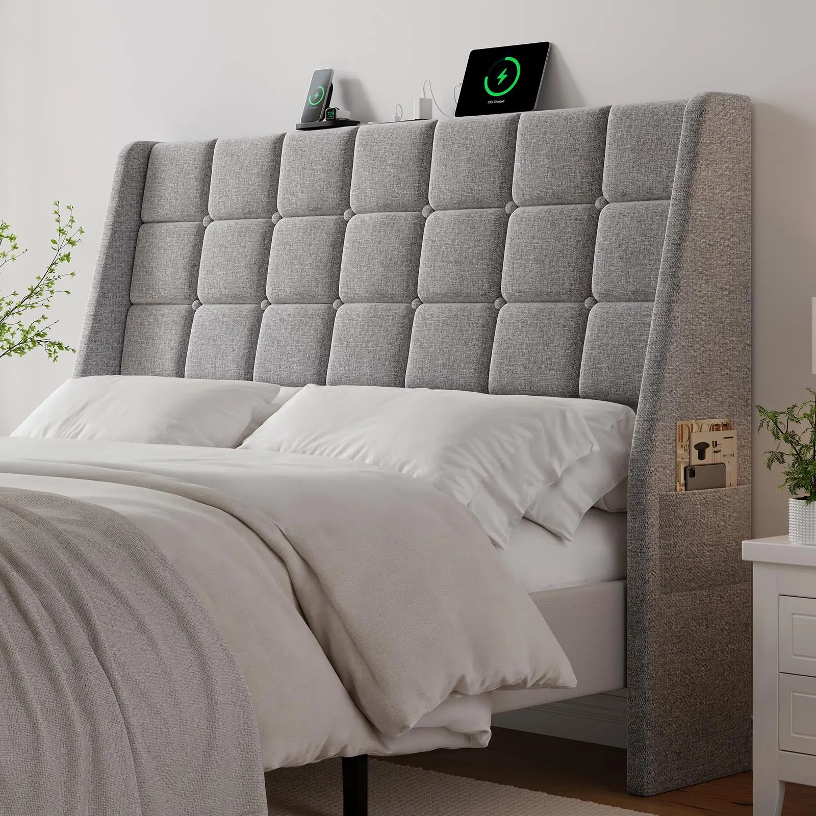 【BackToSchool】ONBRILL Ergonomic Upholstered Full/Queen Size Headboard w/Charging Station, Linen Wingback Headboards w/Storage Pocket, Full Headboard Only, Bed Frame Adapters, Sturdy Solid Wood Bed Head Board