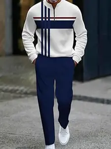 Men's fashionable blue, white and red contrasting color half-zipper sweater suit, unique geometric stripe printing to create a casual image of a man, adult four-season casual wear, high-quality fabric texture, suitable for gift-giving travel Set