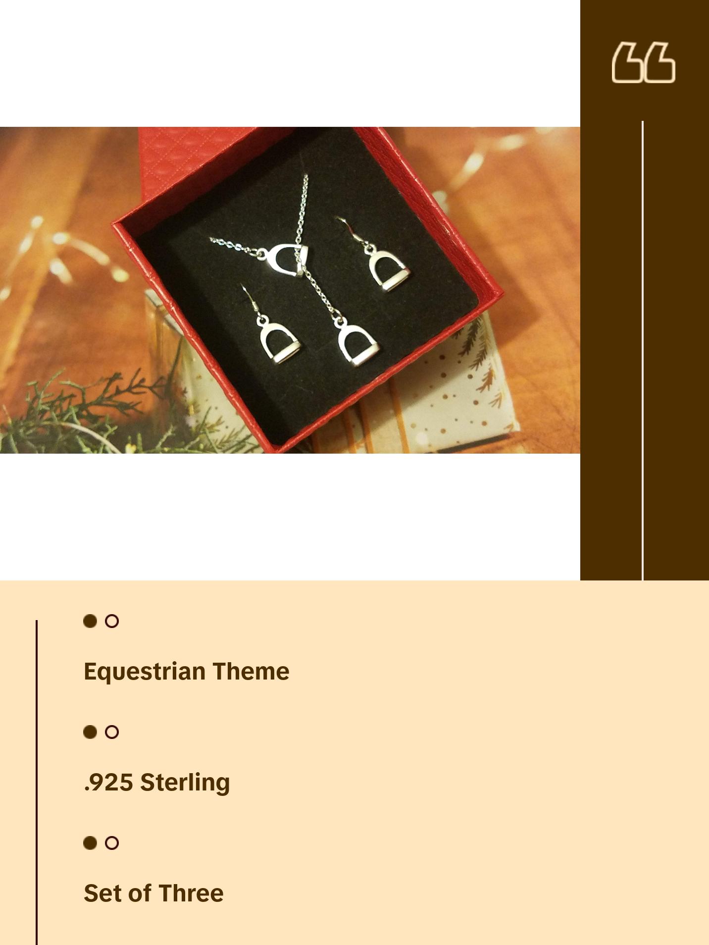 Set of Double Stirrup Horse Lariat Necklace and Stirrup Earrings Equestrian Jewelry #G318