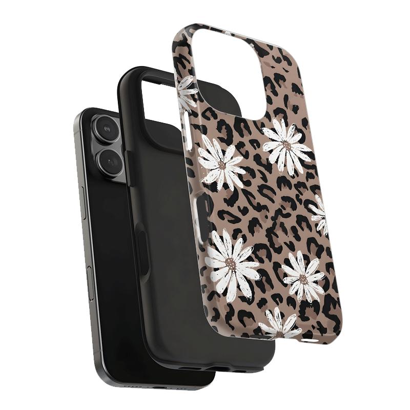 Leopard print daisy pattern, durable and shock-absorbing glossy 2-in-1 phone case, suitable for iPhone 17 16 15 14 13 12 11 X, Samsung and other series models, can be given as a holiday gift to friends or home