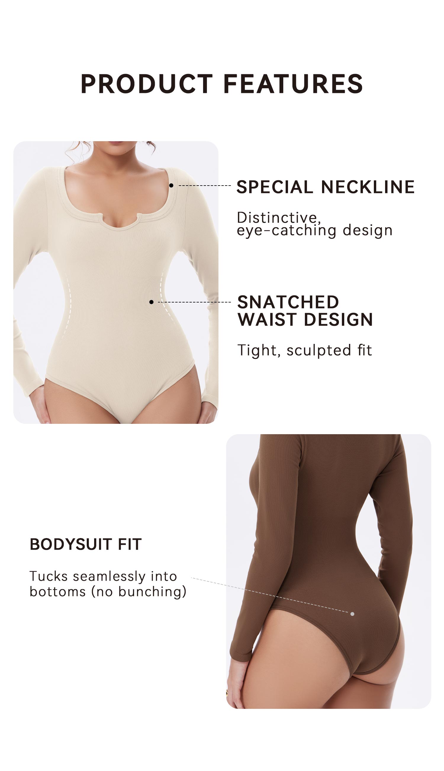 OQQ Women’s Long Sleeve Bodysuit – Stretchy Ribbed Fabric U-Neck With Notched Casual Chic Top For Daily Wear Or Layering