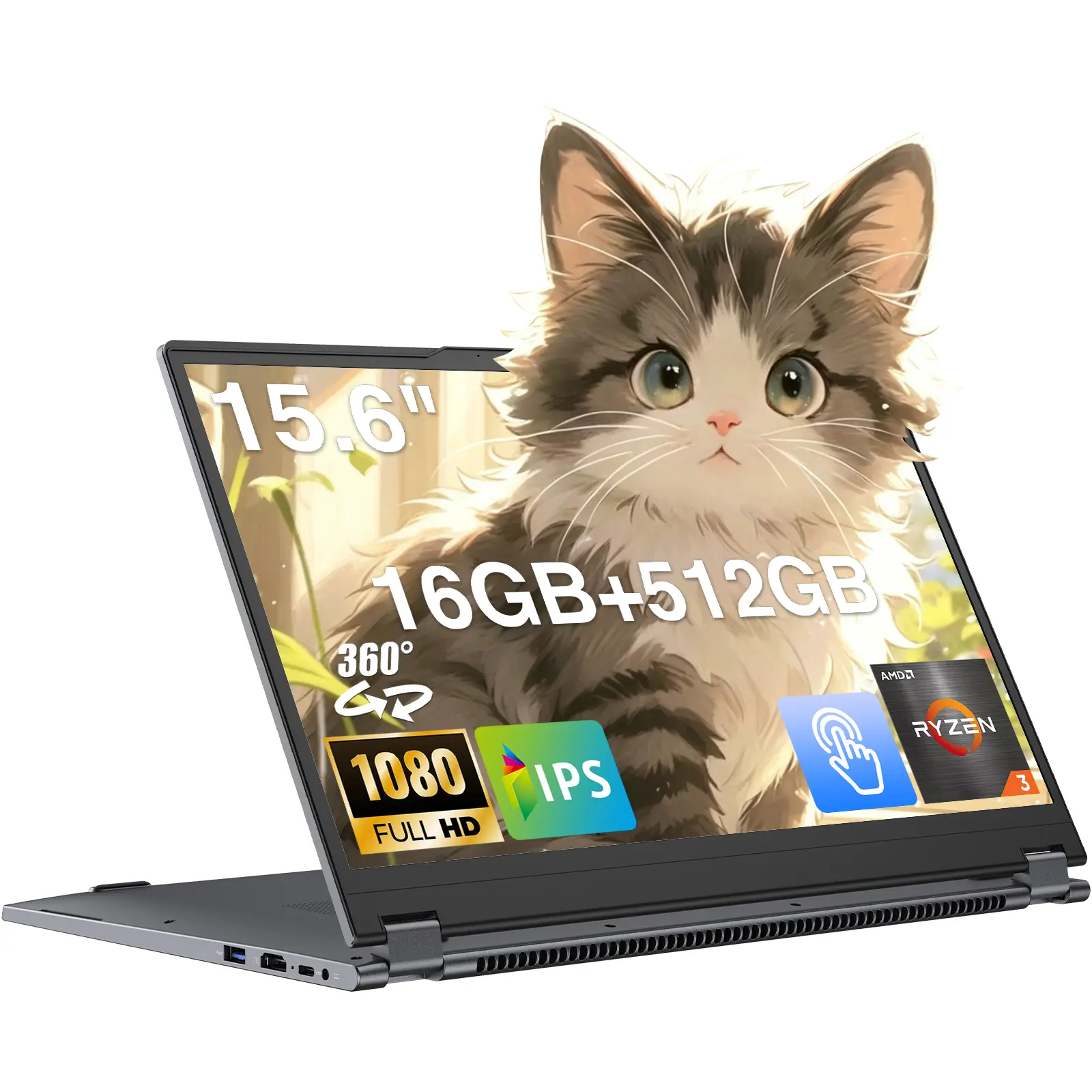 TPV 2-in-1 Convertible Laptop Computer - Windows 11 Pro 15.6 inch FHD 1920x1080 360° Rotating Touchscreen, AMD Ryzen R3 3200U, AMD Radeon Graphics, 16GB DDR4 RAM, 512GB SSD, WiFi 5, Backlit Keyboard, USB Type-C Touchscreen Laptop, Touchscreen Laptops