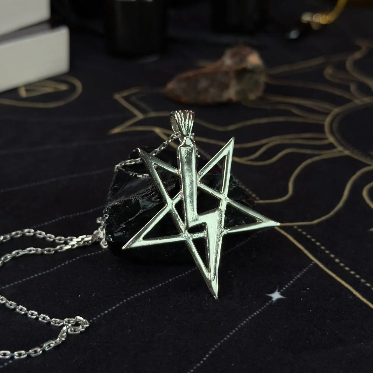 Inverted Pentagram with Lightning Occult Satanic Necklace - Handmade Nickel Silver Pendant