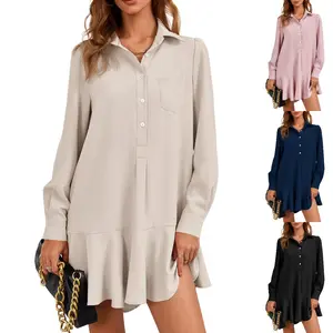 FMEYOA Womens Casual Button Down Shirt Dress Long Sleeve Collared Pleated Swing Mini Dresses