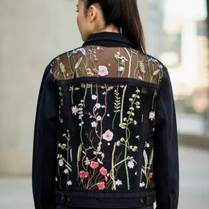Black Custom Embroidered Denim Jacket for Women, Floral Lace Jean Festival Outfit with Unique Mesh Back
