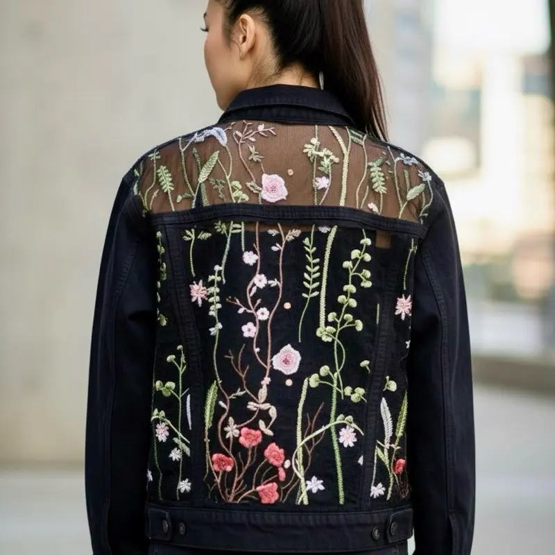 Black Custom Embroidered Denim Jacket for Women, Floral Lace Jean Festival Outfit with Unique Mesh Back
