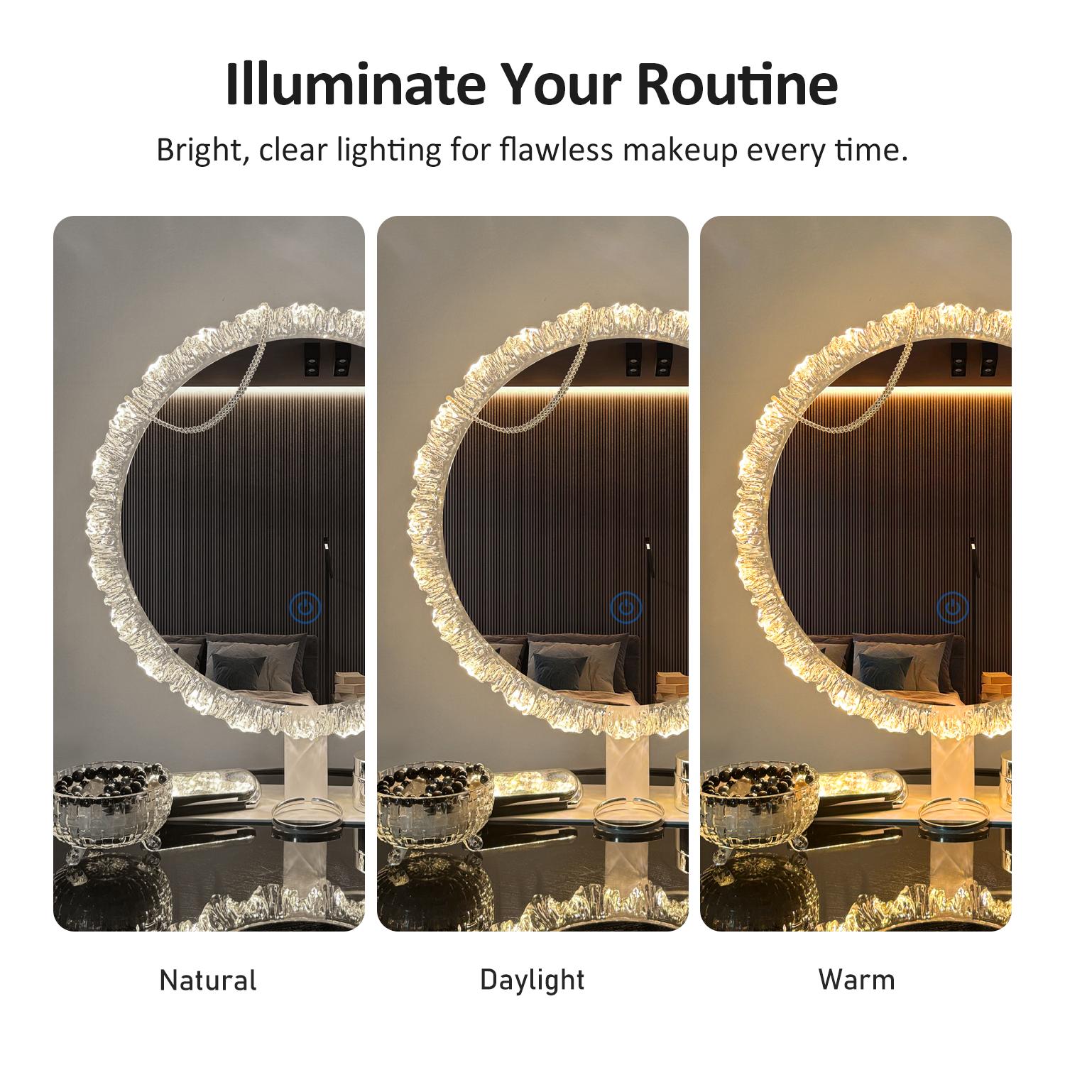 GALENTAL Iceberg Dimmable Round Vanity Mirror with Light, Round Bathroom Mirror With Touch Screen Control, LED Desktop Makeup Mirror, Round Bathroom Mirror For Over Sink,  Adjust Brightness, 3 CCT,Home Decor, Bedroom