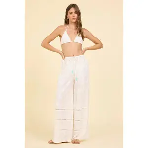 White Palm Eyelet w/Turquoise Bead Waist Tie Wide Leg Pant