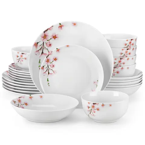 VEWEET ANNIE Series 18-24 Piece Large Blush Pink Floral Ceramic Dinnerware Set with Cutlery, 8" Dessert Plates, Microwave-Safe Porcelain Dishes Tableware for Kitchen Dining, Tableware Set