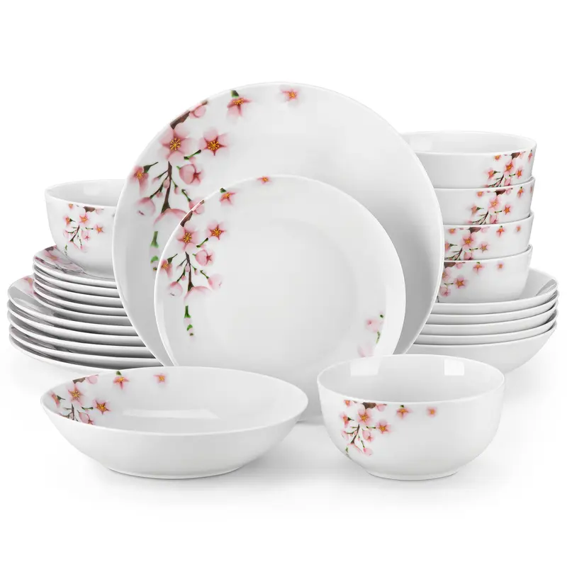VEWEET ANNIE Series 18-24 Piece Large Blush Pink Floral Ceramic Dinnerware Set with Cutlery, 8" Dessert Plates, Microwave-Safe Porcelain Dishes Tableware for Kitchen Dining, Tableware Set