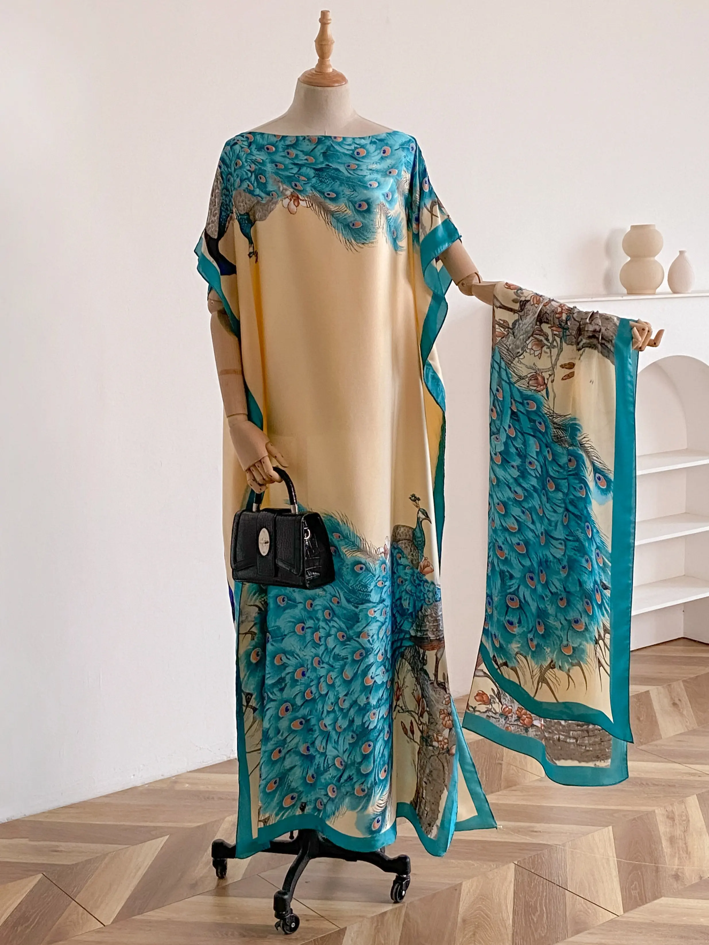 Women's Fashion Peacock Print Two-Piece Set Outfit, Muumuu Dress & Scarf for Beach, Woven Fabric, Casual All-Season Wear, Sun Protection