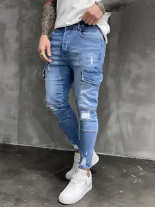 SRETOUU New Men's High-Street Fashion Slim Fit Ripped Denim Jeans Multi-Pocket Workwear Style Solid Color Casual Long Jeans Streetwear Menswear