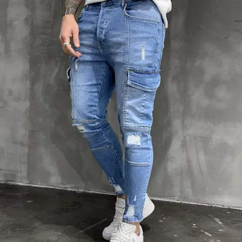 SRETOUU New Men's High-Street Fashion Slim Fit Ripped Denim Jeans Multi-Pocket Workwear Style Solid Color Casual Long Jeans Streetwear Menswear